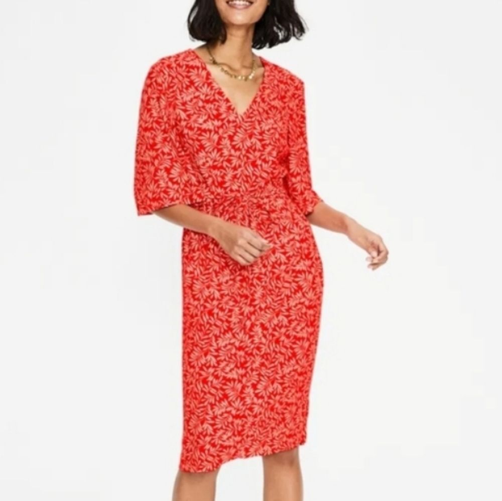Boden Ines Dress Sz 4 Coral Red Olive Branch Print Kimono Style 3/4 Sleeve Belt